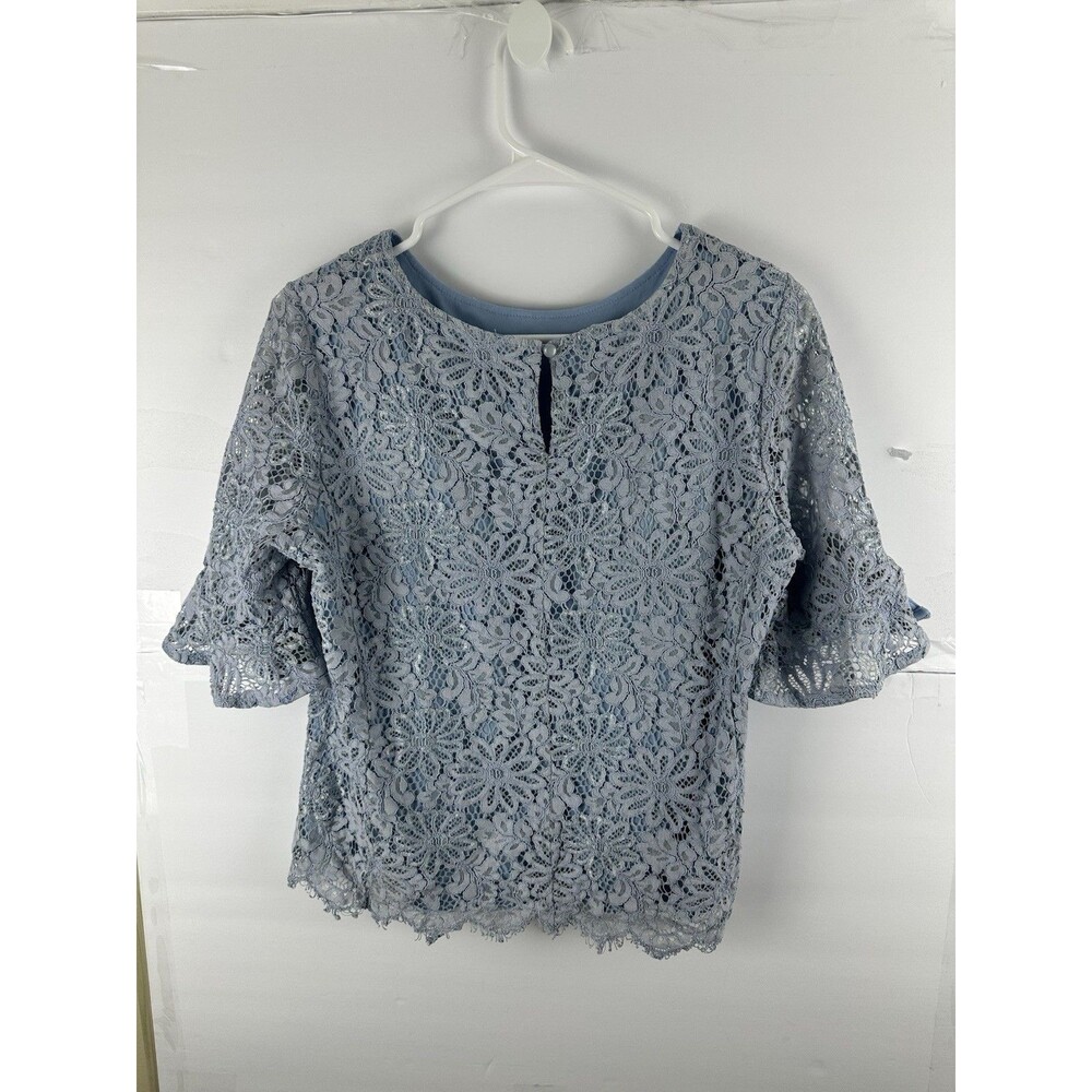 Nanette Lepore Women's Lace Top Sz M Blue Gray Floral Ruffle Sleeve